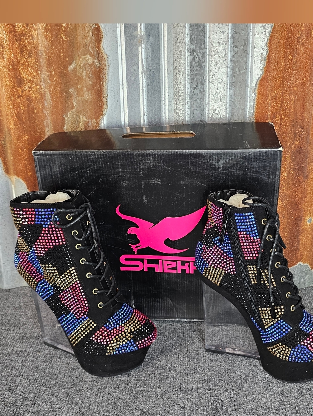 Rare Find- Shiekh 109 Multicolor Rhinestone Platform Wedge Ankle Boots